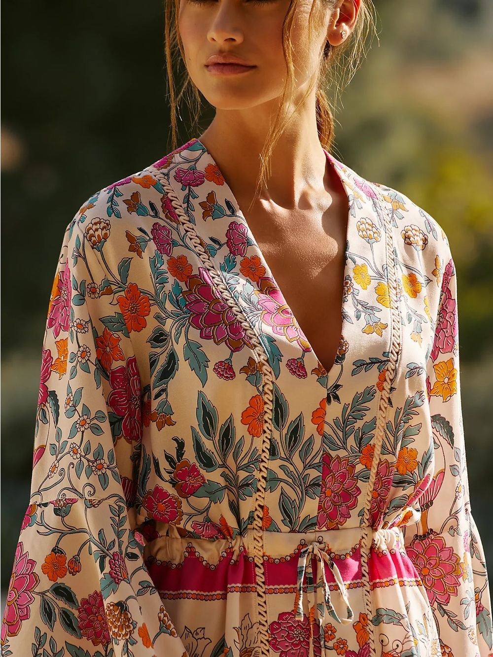 Maaji Cream Floral Tie-Waist V-Neck Dress with Pink & Orange Accents - Picture 3 of 12